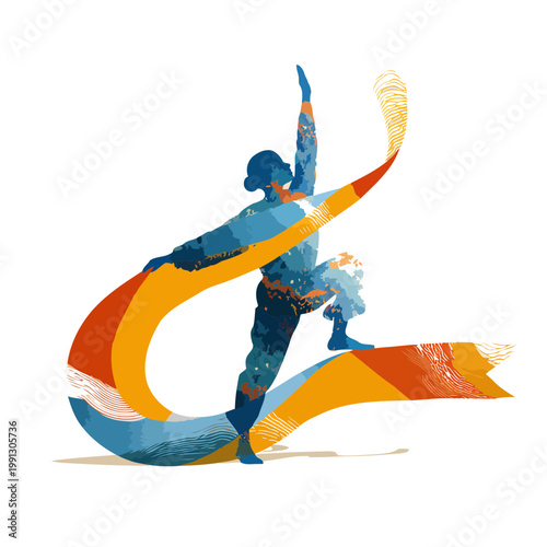 Gymnast performs a rhythmic dance routine with a flowing colorful ribbon.
