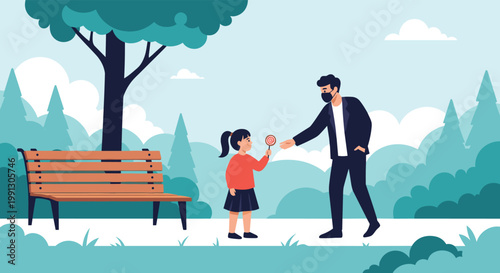 Concerned parent watches as a man wearing a face mask offers a lollipop to a young girl sitting on a park bench.
