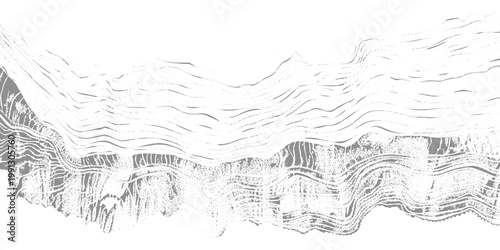 Abstract monochrome texture with flowing wavy distortion lines across the top and dense cracked, rocky patterns below, resembling eroded terrain or seismic layers, distressed grunge style background.