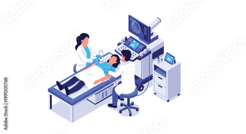 Medical team performs ultrasound scan on a female patient in a high-tech hospital room with advanced diagnostic equipment.