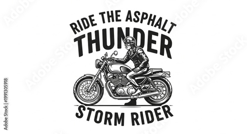 Motorcycle rider on asphalt thunder storm rider graphic design.
