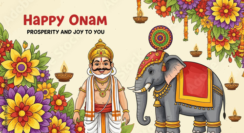 Happy Onam Festival Celebration with Elephant, Flowers, and Traditional Indian Man
