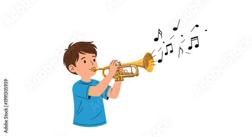 Young boy in a blue shirt plays a golden trumpet with colorful musical notes floating out from the bell of the instrument.