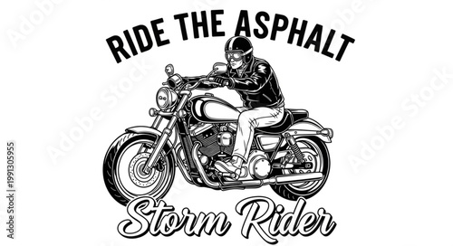 Motorcycle rider on asphalt with storm rider text.