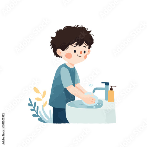 Boy washes his hands under a faucet in a simple illustrated bathroom scene.