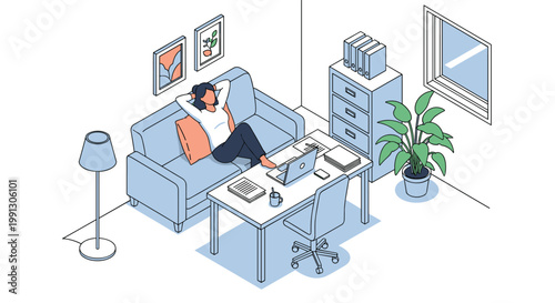 Young woman relaxes on a comfortable sofa in her home office while taking a break from working on her laptop computer.