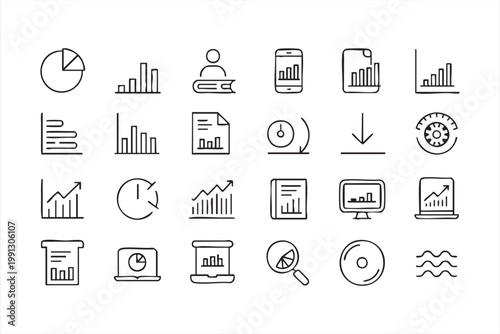 Corporate analytics line icons, business charts graphs reports UI elements