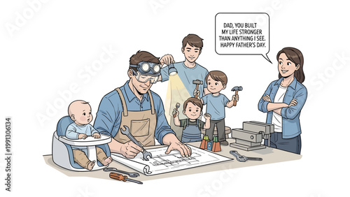 Father's Day Blueprint: A heartwarming illustration of a father, surrounded by his family, working on a blueprint while celebrating Father's Day.