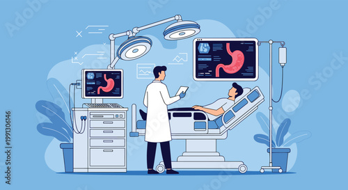 Medical specialist performs a gastroscopy procedure on a patient in a sterile hospital room with advanced endoscopy equipment.