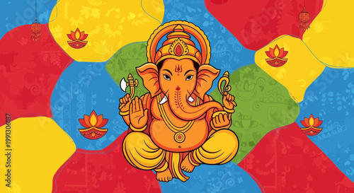 Lord Ganesha sitting in meditation on a colorful abstract background with lotus flowers