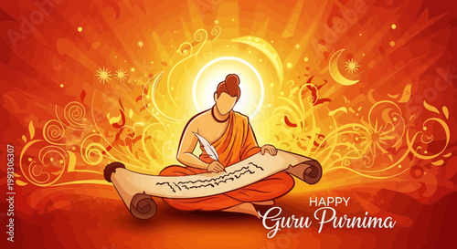 Happy Guru Purnima: Sage Writing on Scroll, Spiritual Celebration, Indian Festival