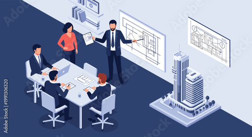 Architectural design team discusses building models and floor plans during a collaborative strategy meeting in a modern office.