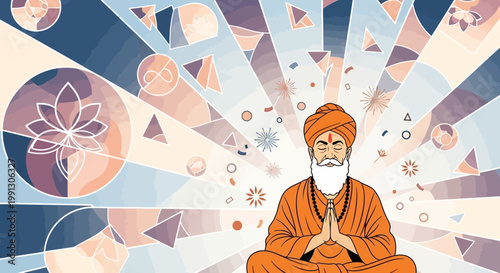 Spiritual man meditating, geometric patterns, lotus flower, enlightenment, yoga, zen, abstract background