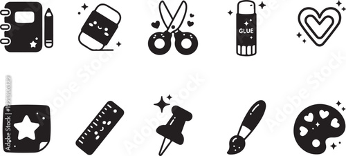 Black and white collection of office stationery and craft supplies scissors