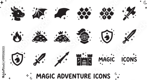 Black and white collection of magic adventure including potions books wands and spells magic adventure potion bottles