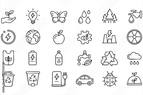 Green energy sustainability icons, eco environment renewable power recycling symbols