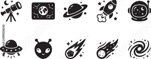 Black and white line collection of diverse and symbols including tools and celestial bodies line symbols