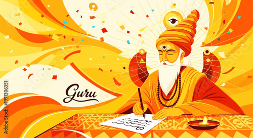 Guru Writing Sacred Text with Divine Light and Confetti