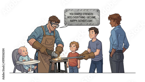 Father's Day Dedication: A tender illustration showcases a father's dedication, sharing his craft with his children, while celebrating Father's Day through words. 
