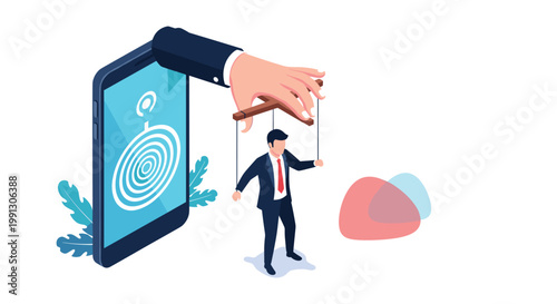 Puppet master hand reaches out of a smartphone screen to control a businessman representing digital manipulation and control.