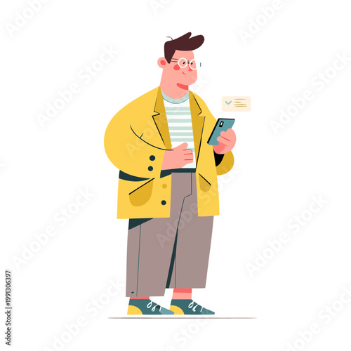 Businessman holding a smartphone stands while checking digital messages in a professional setting.