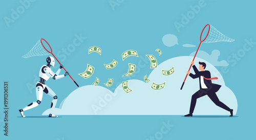 Advanced robot and a businessman compete to catch falling money with nets illustrating the rivalry between AI and human labor.
