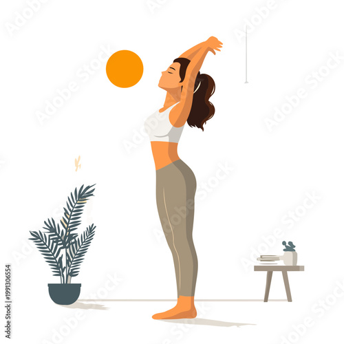 Woman stretches her arms towards the sun while practicing a morning yoga exercise routine.