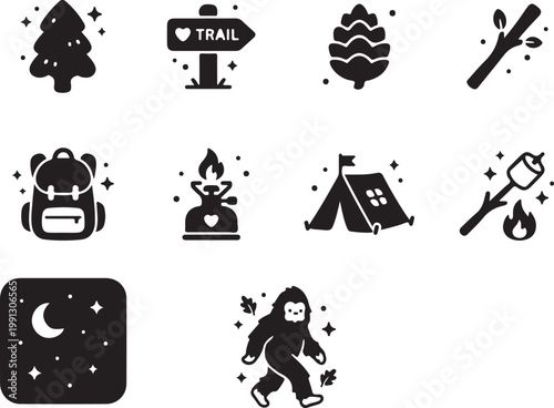 Black silhouette set of camping hiking outdoor adventure activities and gear