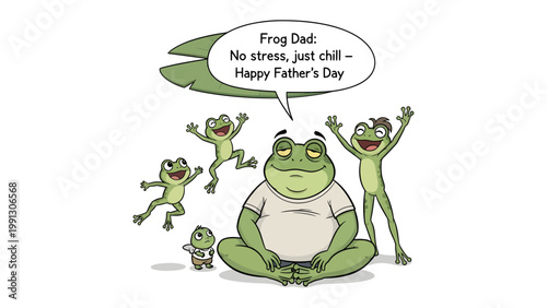 Father's Day Frog Family: A heartwarming illustration of a father frog relaxing peacefully amidst his joyful offspring on Father's Day, expressing love, unity, and a carefree spirit. 