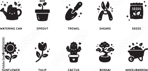 Gardening tools and plants flat set with watering can sprout trowel shears seeds sunflower tulip cactus bonsai wheelbarrow