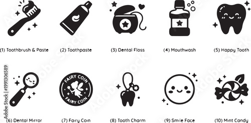 Dental care including toothbrush toothpaste floss mirror coin charm smiley and mint candy dental floss