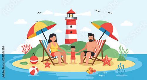 Happy parents and their young child enjoy a sunny day on a sandy beach with lounge chairs and a lighthouse in background.