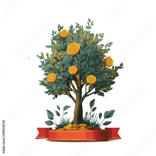 Money tree grows golden coins on its branches with a red banner at the base.