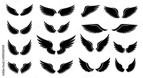 Collection of Black Angel Wings Silhouettes Isolated on White Background