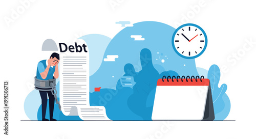 Distressed man struggles under the weight of a long debt document while chained to his financial obligations and deadlines.