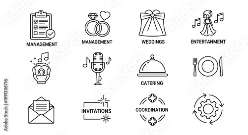 Wedding Planning Icons: Management, Rings, Gifts, Music, Catering, Invitations, Coordination