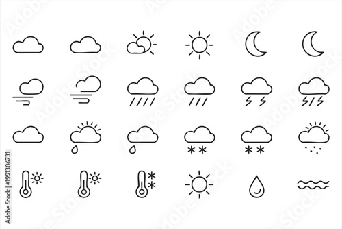 Meteorology icon set, weather forecast rain sun temperature interface elements