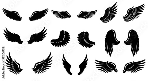 Collection of Black Angel Wings Silhouettes, Vector Graphics