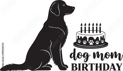 Golden retriever silhouette sitting beside decorated birthday cake and typography for dog mom celebration in minimalist style.