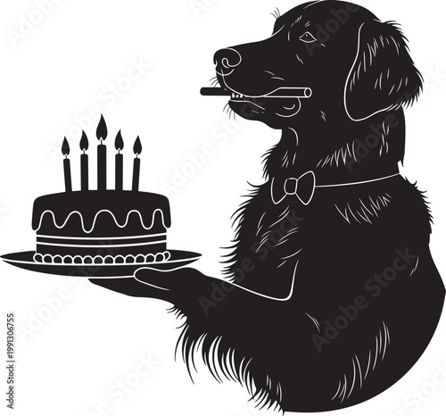 Portrait silhouette of golden retriever wearing bow tie and holding cigar while human hand presents birthday cake with candles.