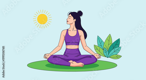 Woman Meditating Outdoors in Lotus Pose Under the Sun, Yoga and Wellness Concept