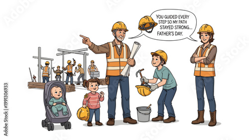 Construction family illustration: A heartwarming illustration shows a construction worker guiding his family, symbolizing strength, support, and the construction of life's foundation.