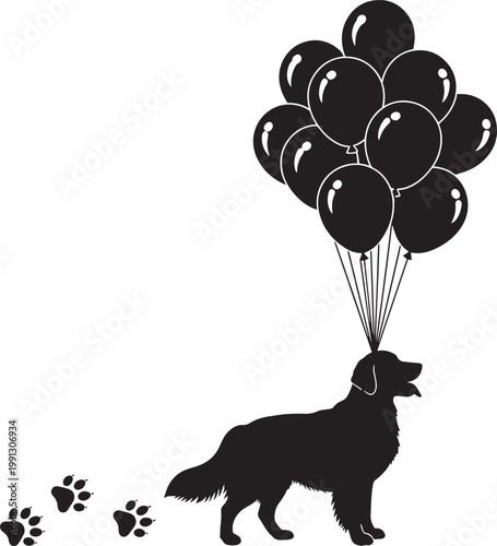 Dog with balloons silhouette celebrating birthday happy joy outdoor vector.