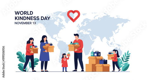 Volunteers of all ages participate in World Kindness Day by donating boxes of essential goods to help people around the globe.