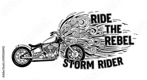 Motorcycle with abstract storm effect and rebel text.