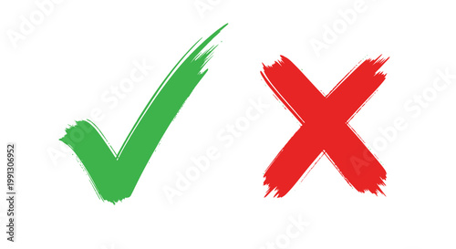 Green Check Mark and Red Cross Symbol Isolated on White Background