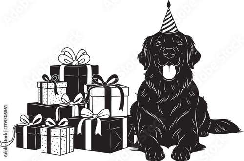 Birthday dog wearing party hat surrounded by gifts vector illustration.