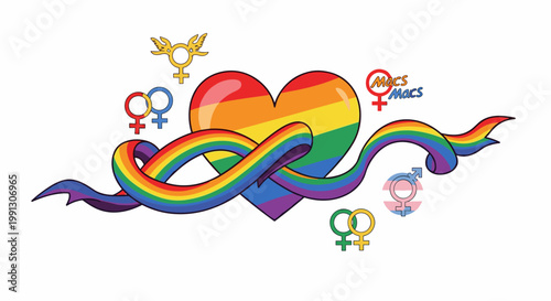 Rainbow heart intertwined with a ribbon, surrounded by LGBTQ+ symbols representing diversity and inclusion.
