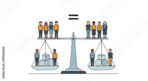 A balanced scale shows equal weight distribution between people and goods on both sides, symbolizing fairness and equality.