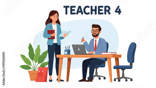Foto Teacher Illustration: A vibrant illustration depicts a teacher engaged in administrative tasks, creating a welcoming and engaging educational environment